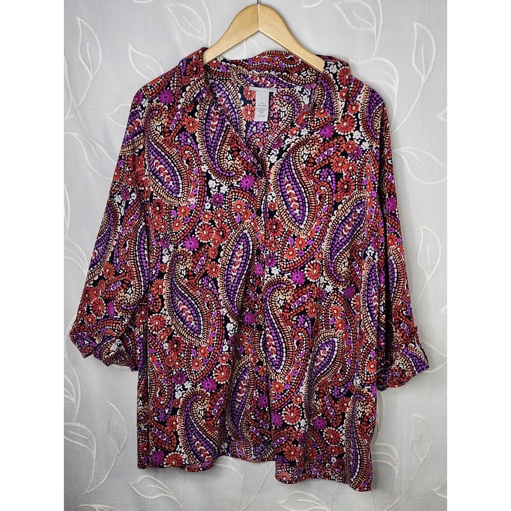 Catherines Women's 1X Paisley Button Up Blouse Multicolor 3/4 Sleeve Top
